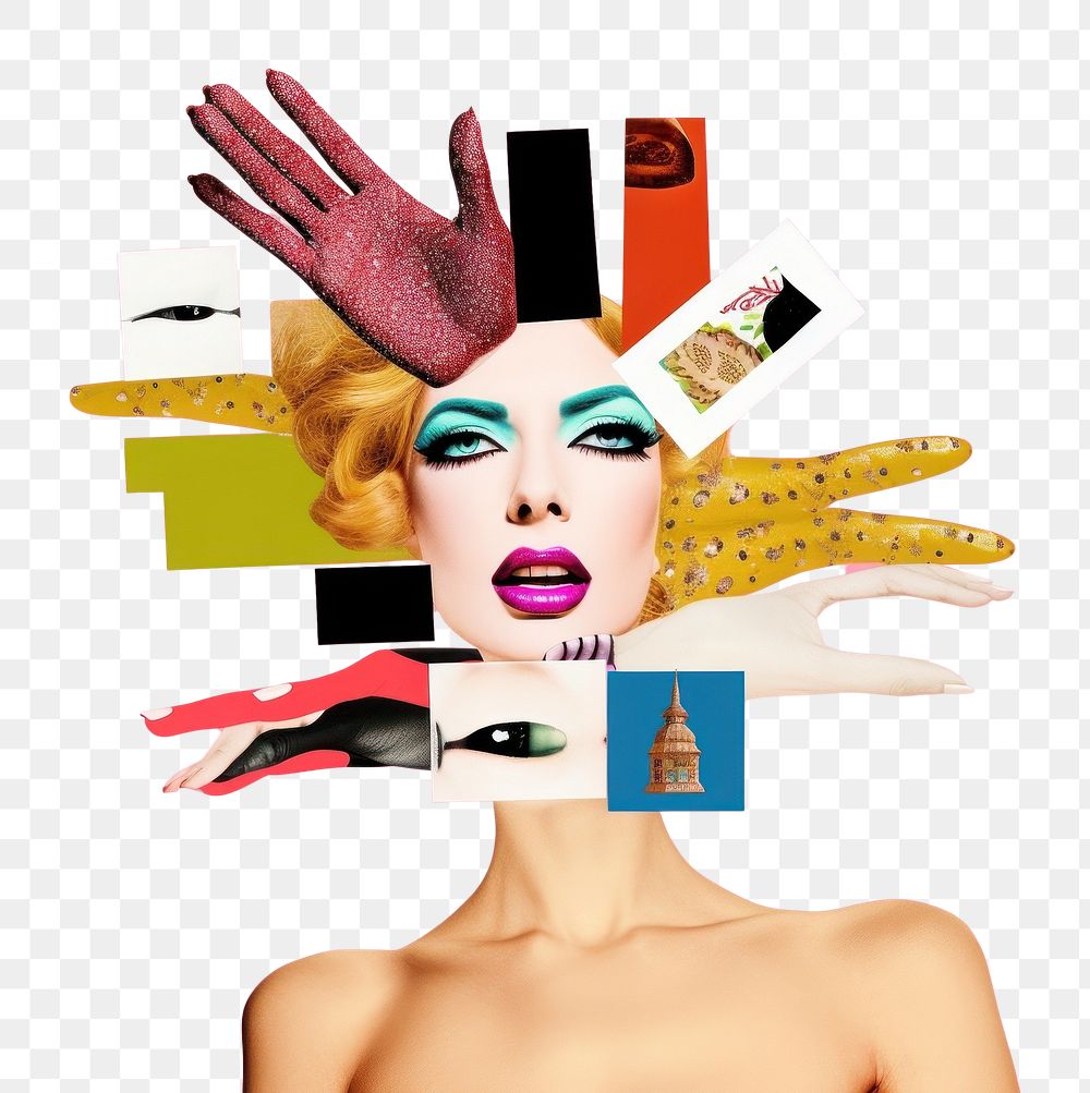 PNG  Symbolic mixed collage graphic element representing of drag queen advertisement clothing brochure.