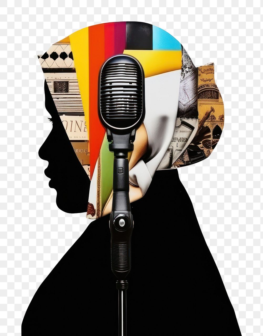 PNG Pop muslim traditional art collage represent of muslim culture microphone performer female.
