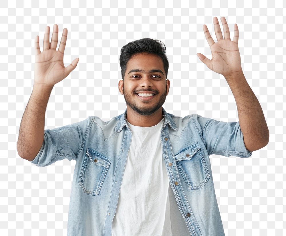Young indian man waving hand smile triumphant person.