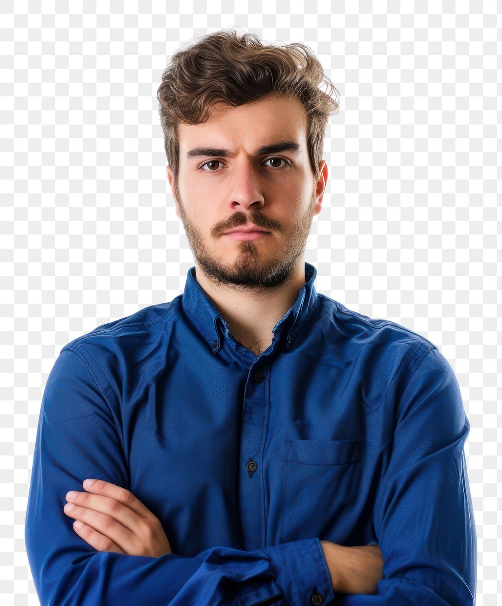 Worried man with blue shirt portrait adult photo.