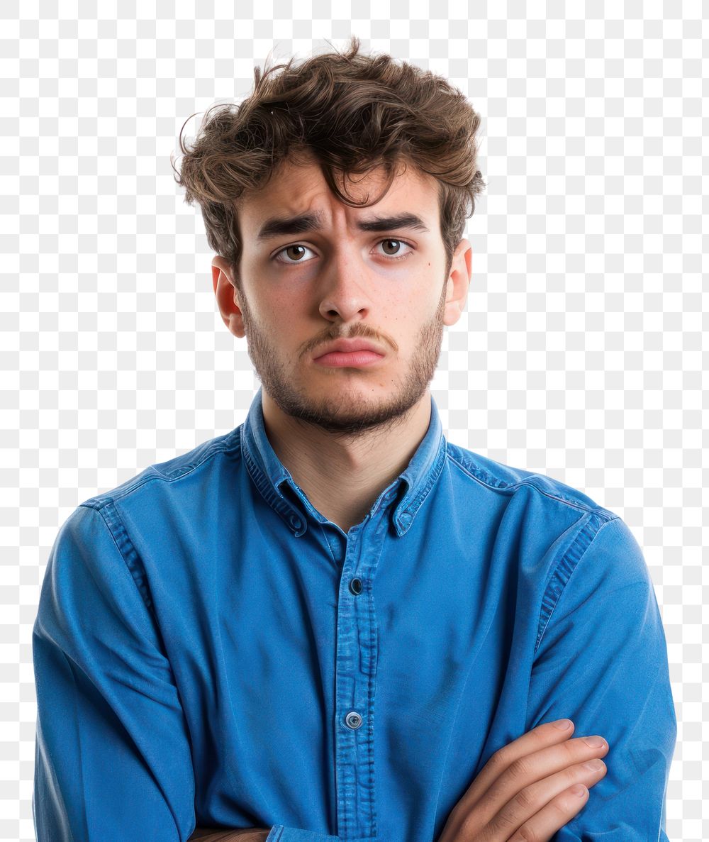 Worried young man with blue shirt portrait adult photo