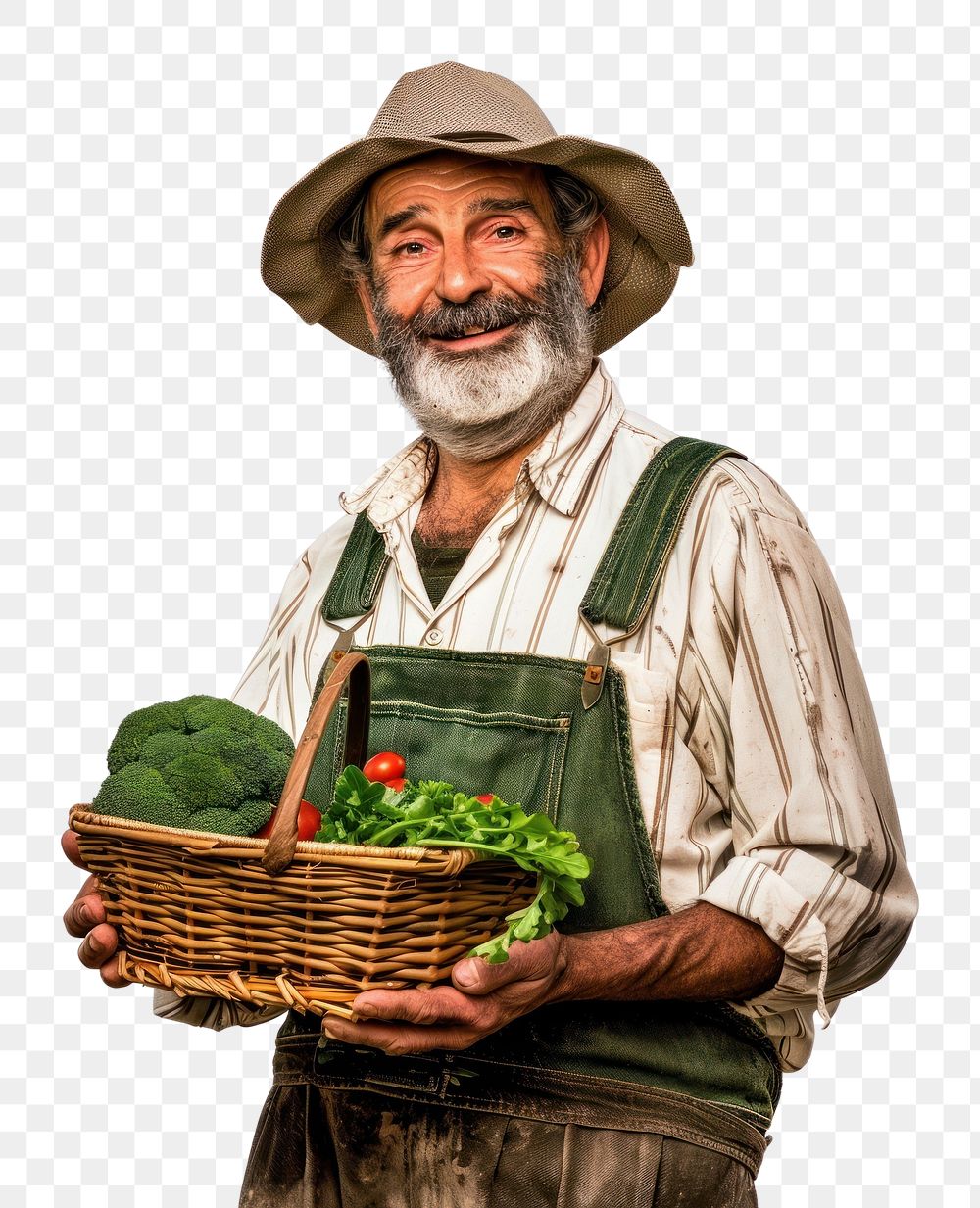 PNG Farmer man holding veggie basket nature accessories gardening.