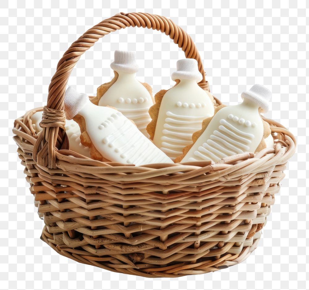 PNG A basket with white baby bottle cookies white background container freshness