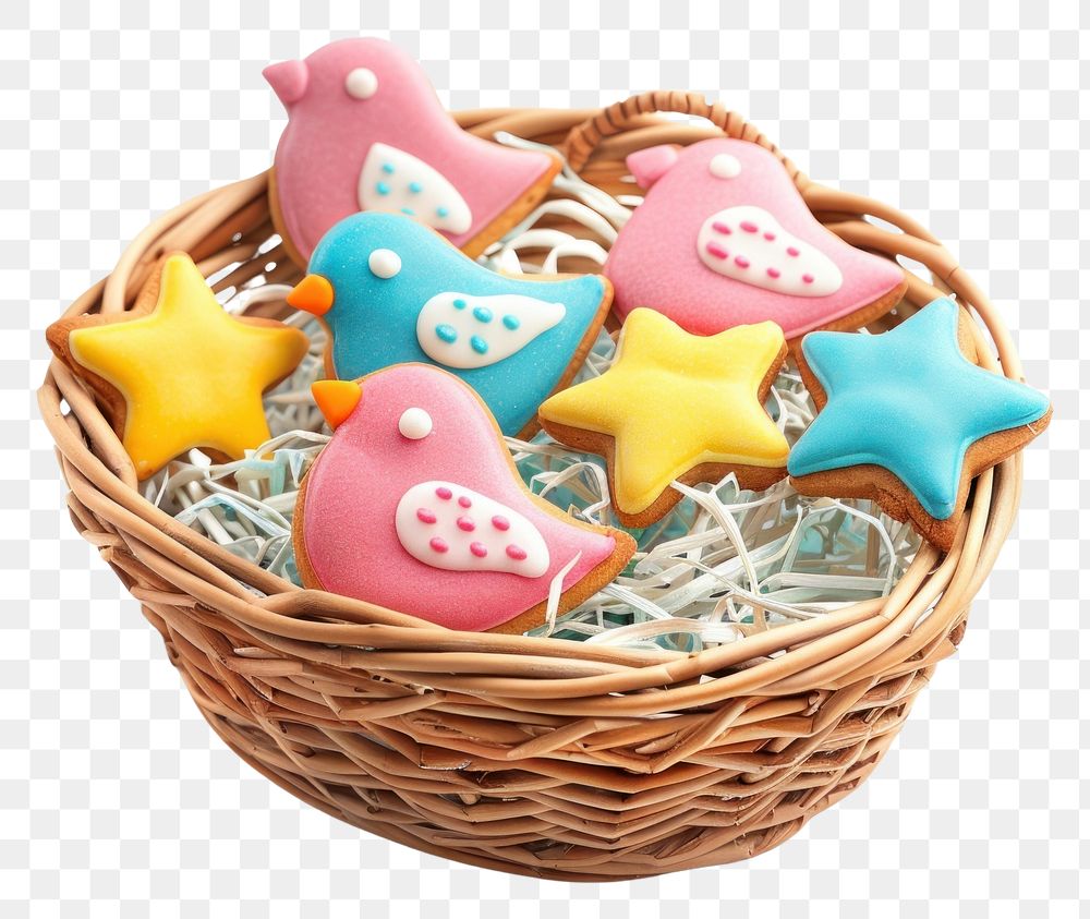 PNG A basket with bird cookies and star cookies for children food white background representation.
