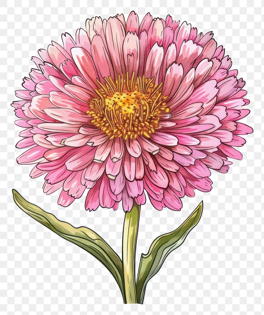 PNG Aster flower in the style of frayed chalk doodle dahlia petal plant.