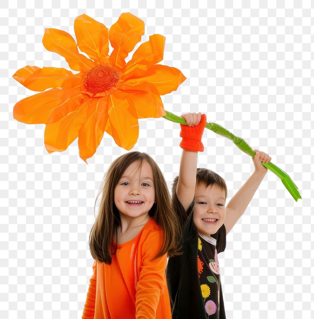 PNG 2 kid rising one hand portrait flower holding