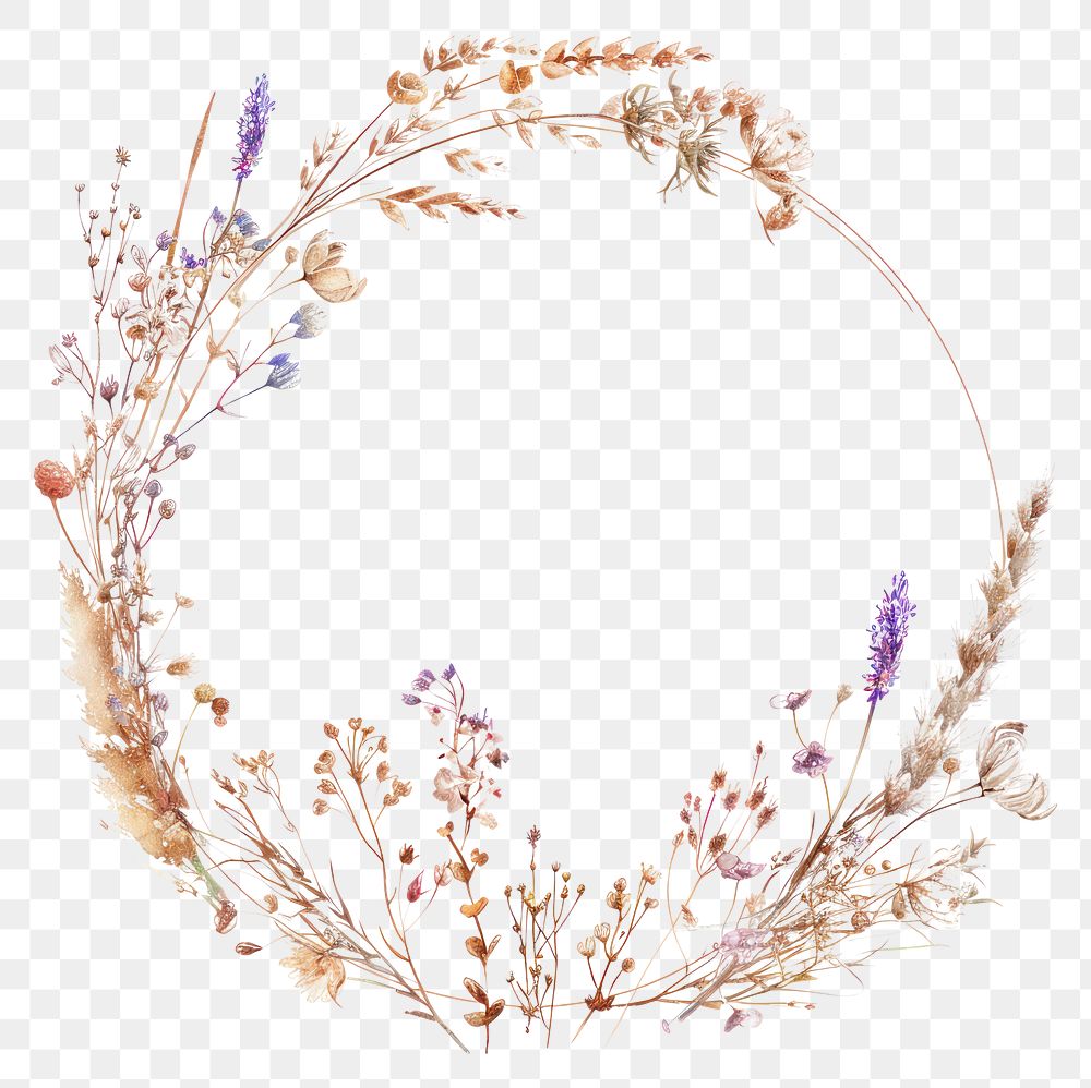 PNG Dried flowers circle frame pattern plant white background.