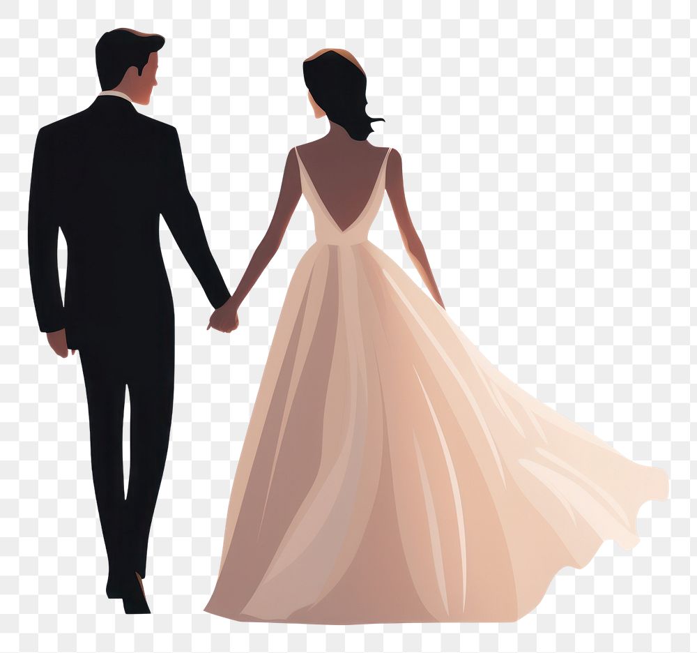 A groom and bride holding hands wedding fashion dress.