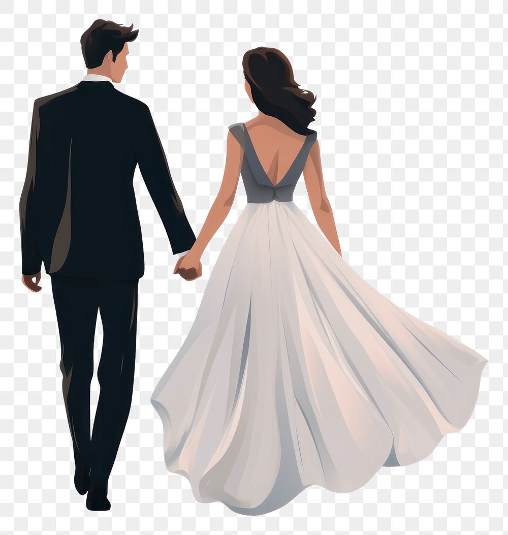 A groom and bride holding hands wedding fashion walking.