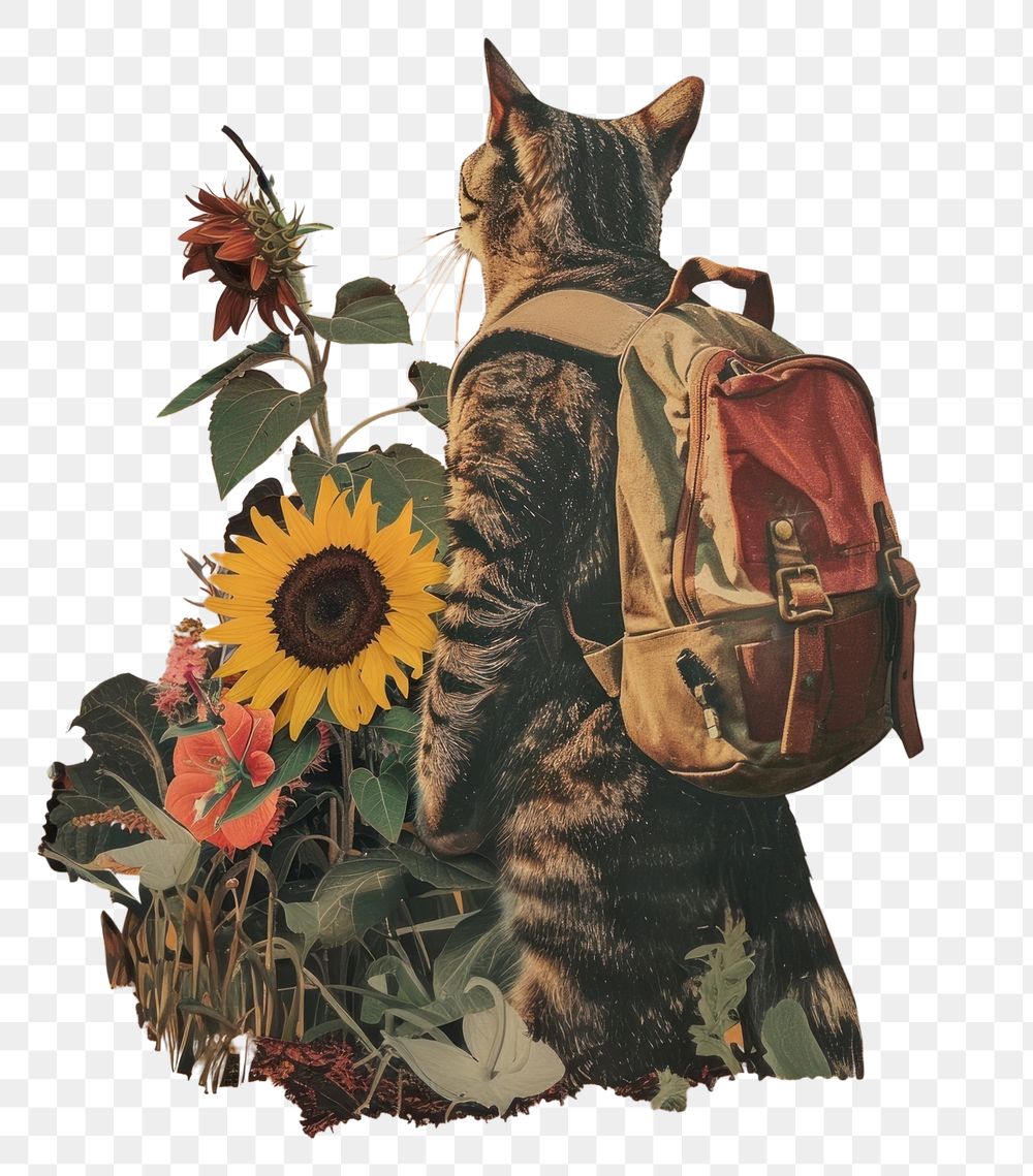 PNG A cat with backpack sunflower painting outdoors.