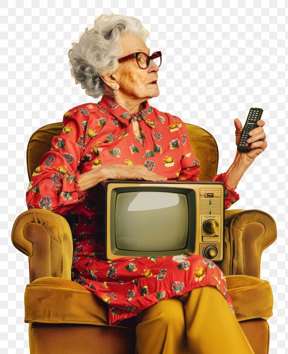 PNG Elderly woman holding a TV relaxation armchair glasses