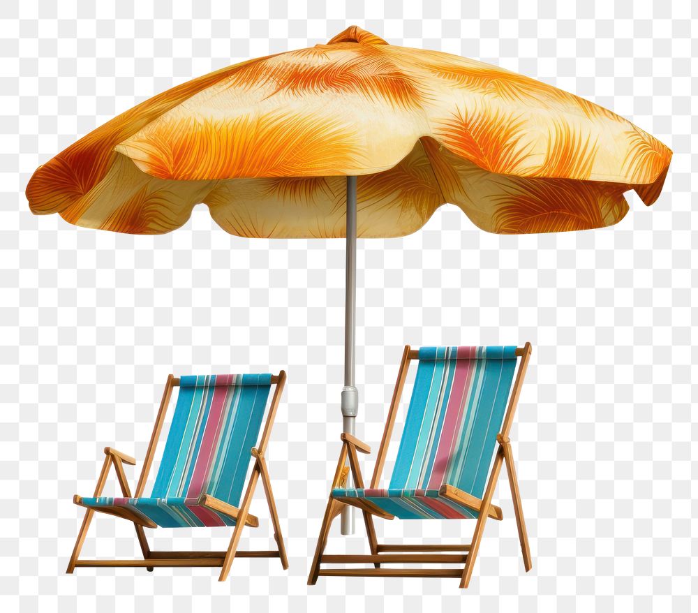 PNG Umbrella with palm trees and sand summer chair furniture.
