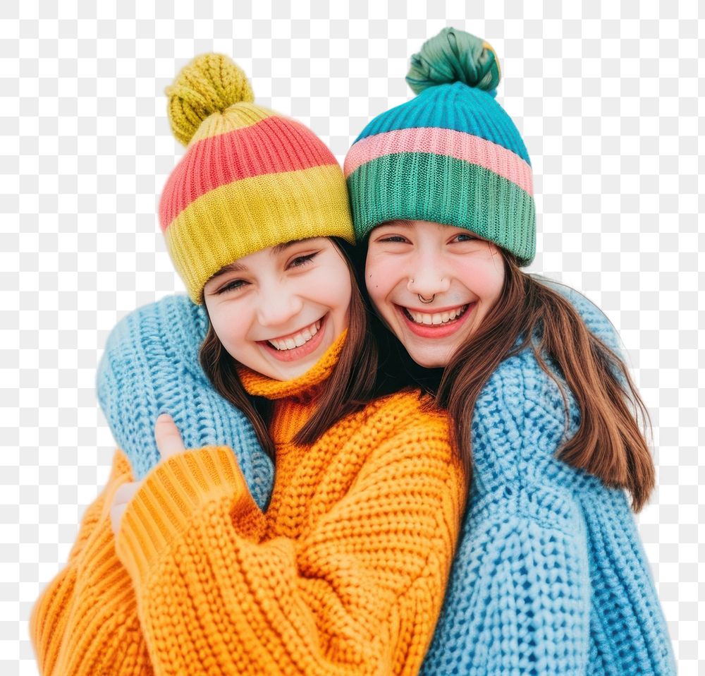 PNG 2 sisters wear beanie sweater smile laughing.