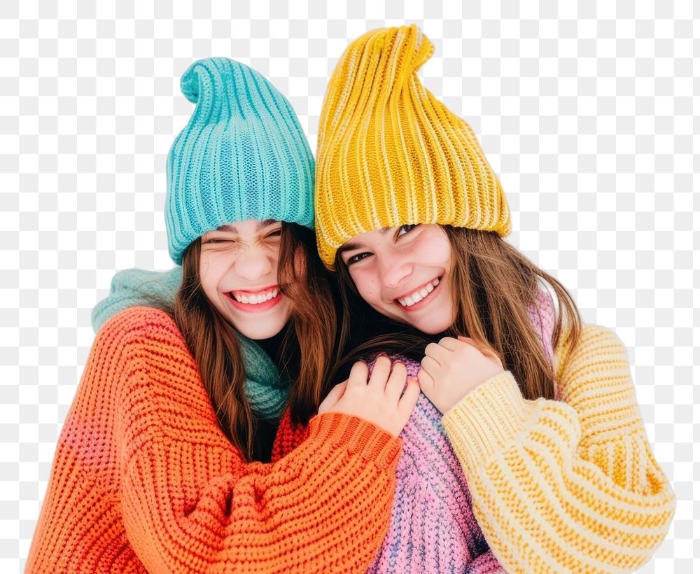 PNG 2 sisters wear beanie sweater portrait smile.