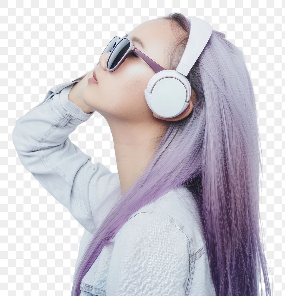 PNG Teenage woman wear headphone purple headphones sunglasses.