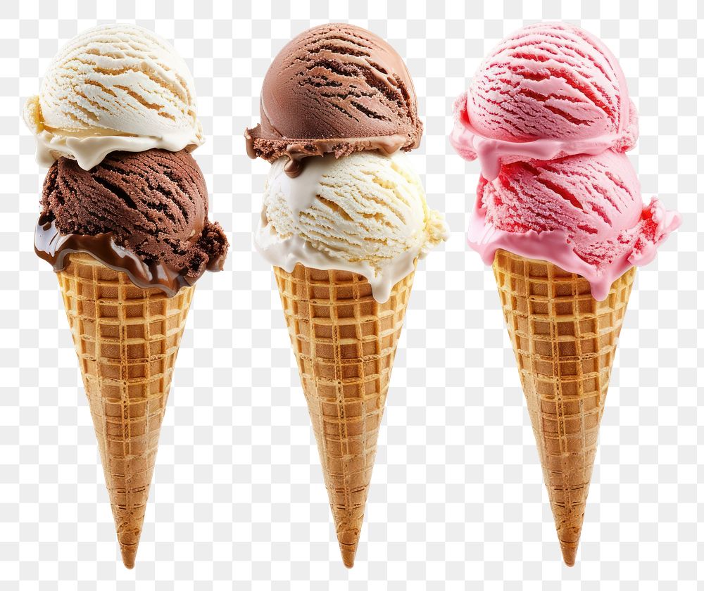 3 different scoops of ice cream cone dessert food white background