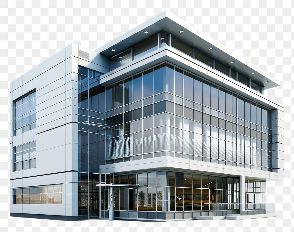 PNG 3D render of office building architecture city white background.