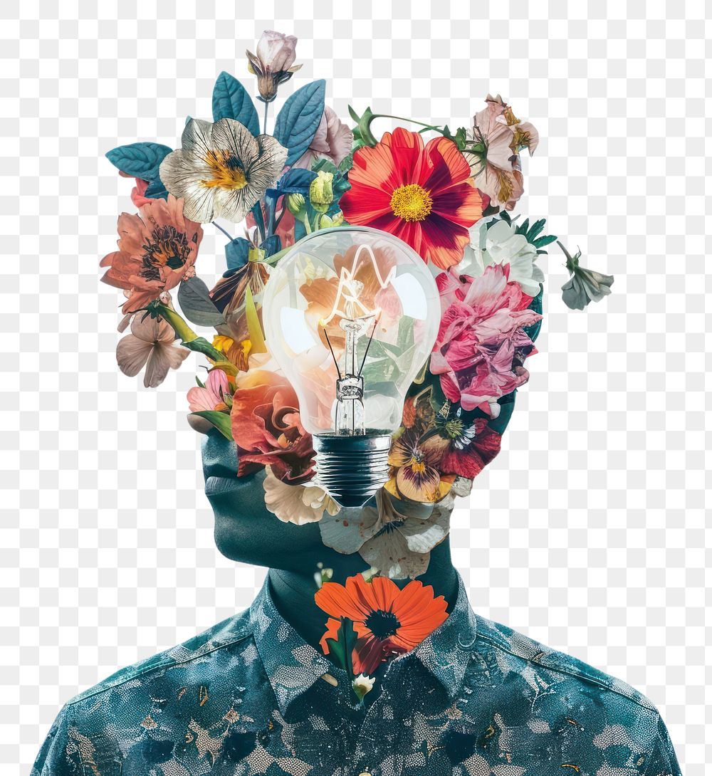 PNG Flower Collage person holding light bulb flower adult art.