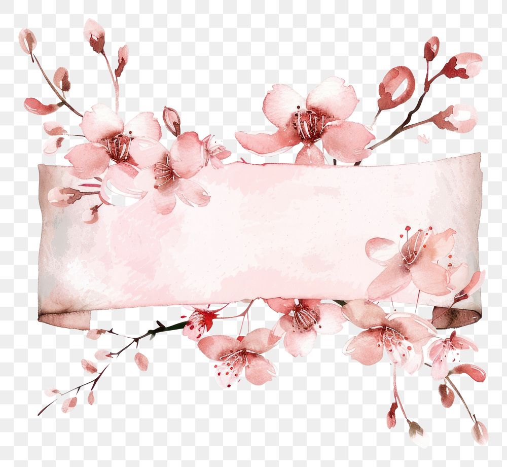 PNG Ribbon with cherry blossom border flower plant white background.
