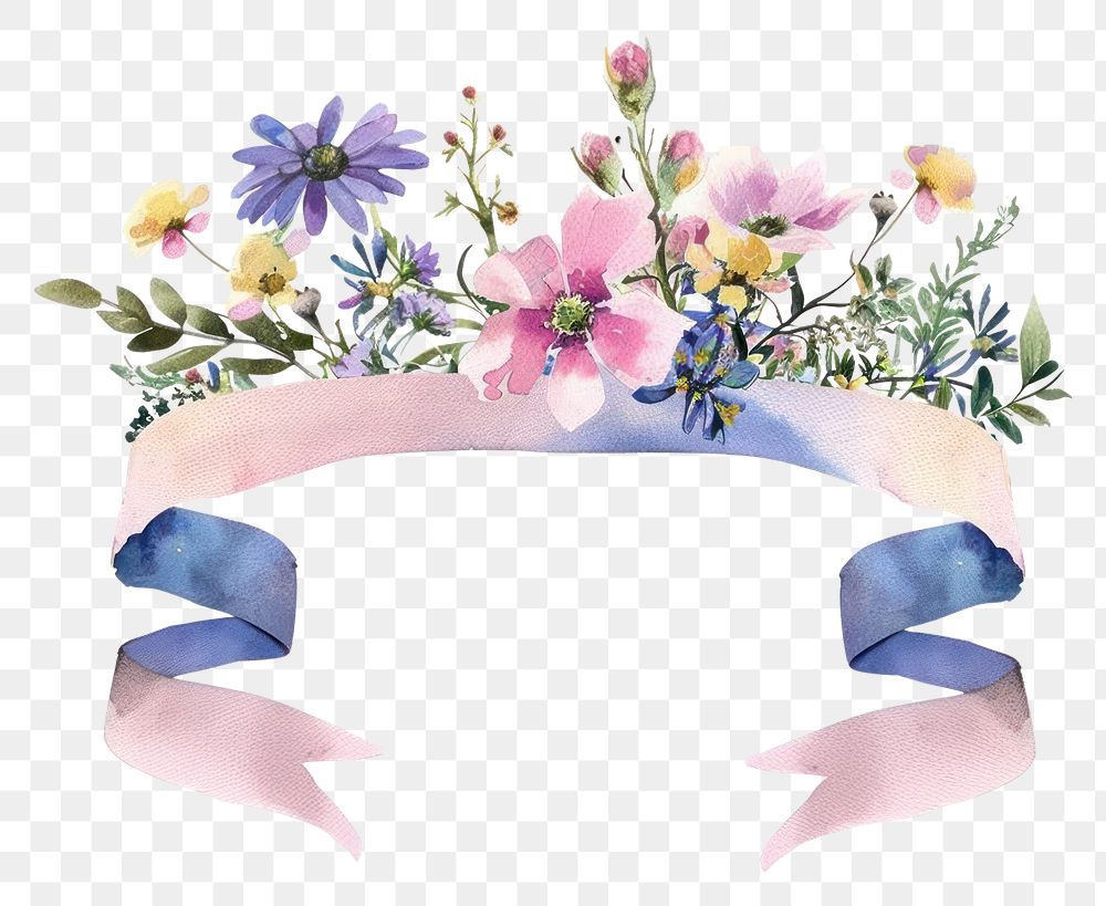 PNG Ribbon with wildflower border wreath plant white background.