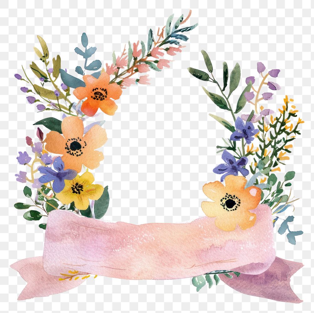 PNG Ribbon with wildflower border painting pattern wreath.