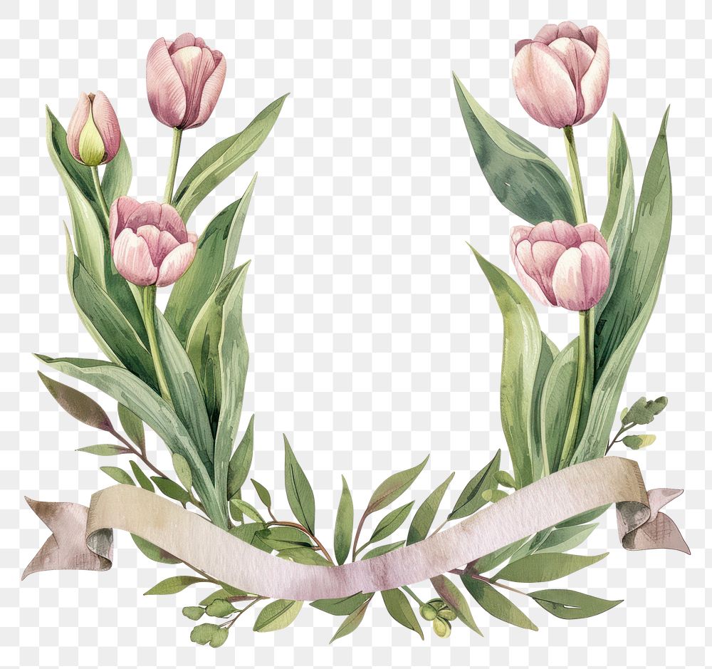 PNG Ribbon with tulip border flower wreath plant.