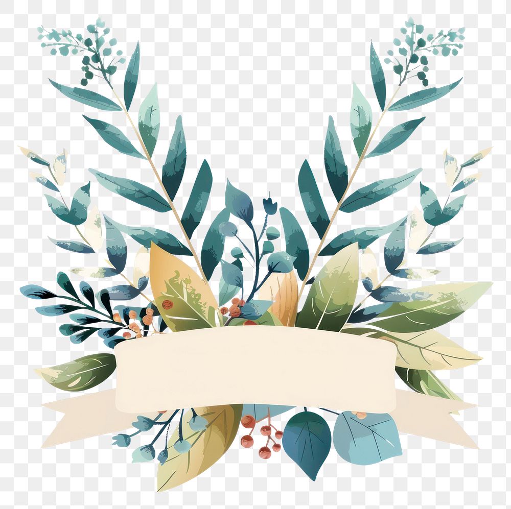 PNG  Ribbon with bouquet leafs pattern plant white background.