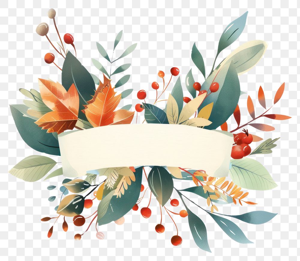 PNG  Ribbon with winter leafs pattern flower plant.