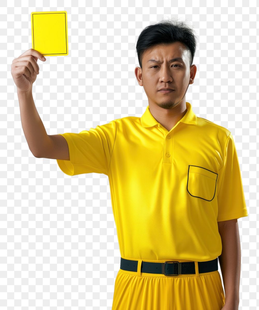PNG Photo of a referee showing a yellow card while holding it upwards adult white background happiness.