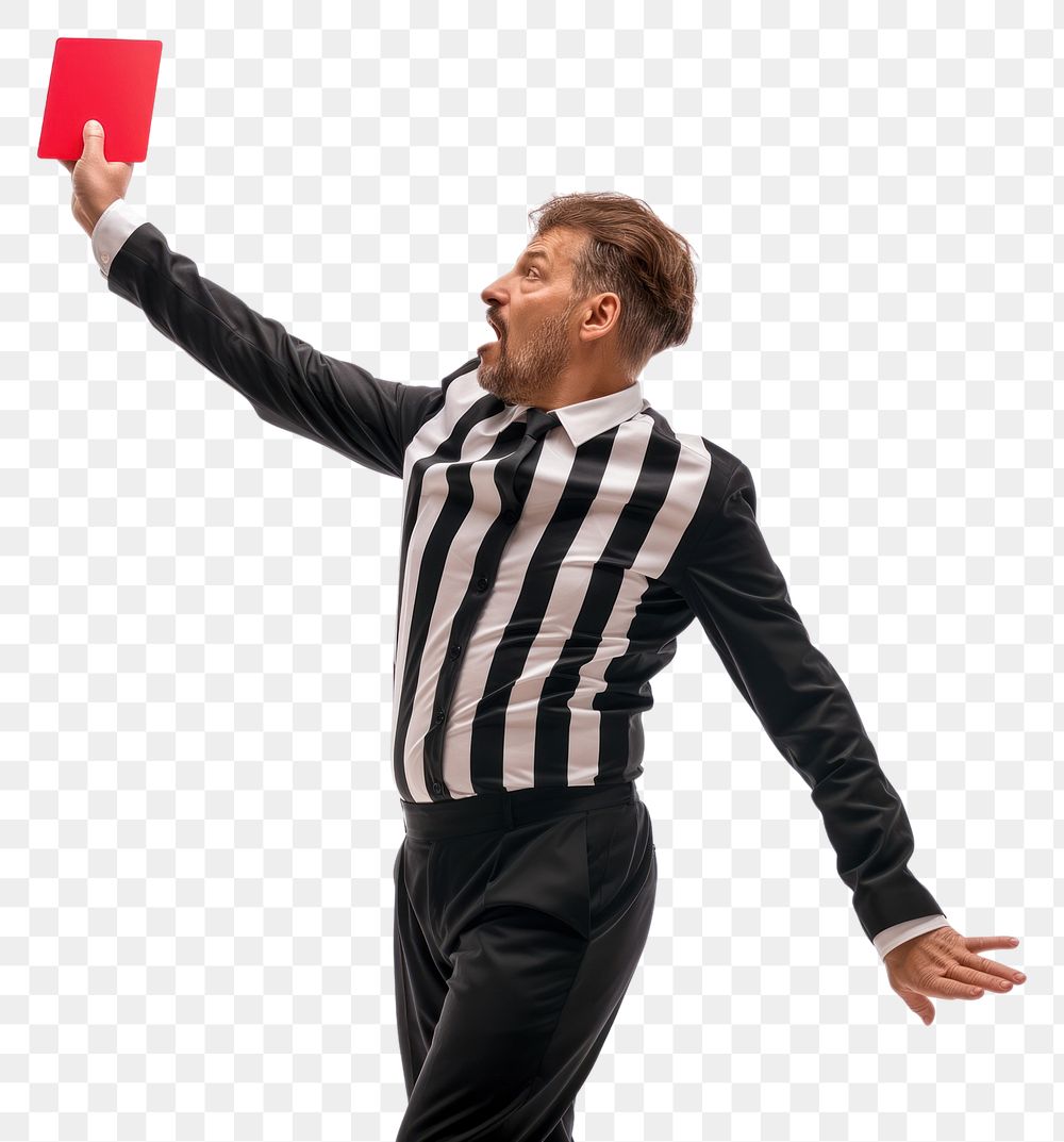 PNG Photo of a referee showing a red card while holding it upwards shouting adult white background.