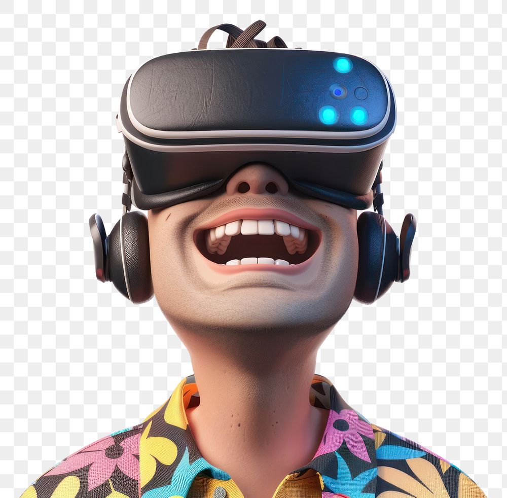 PNG Happy man wearing a VR portrait cartoon white background.