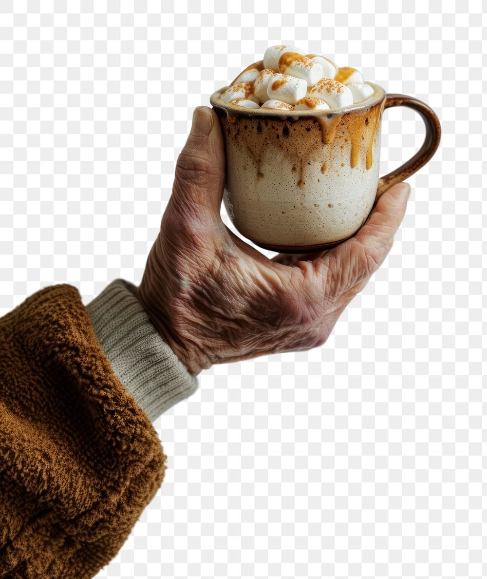 PNG Hand holds a steaming mug cream beverage dessert.