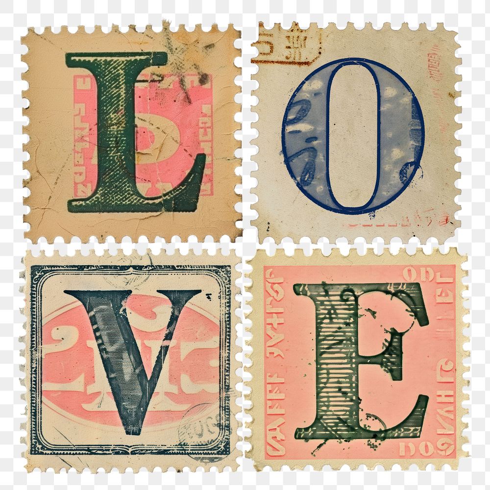 Love word png vintage postage stamp alphabet design, transparent background