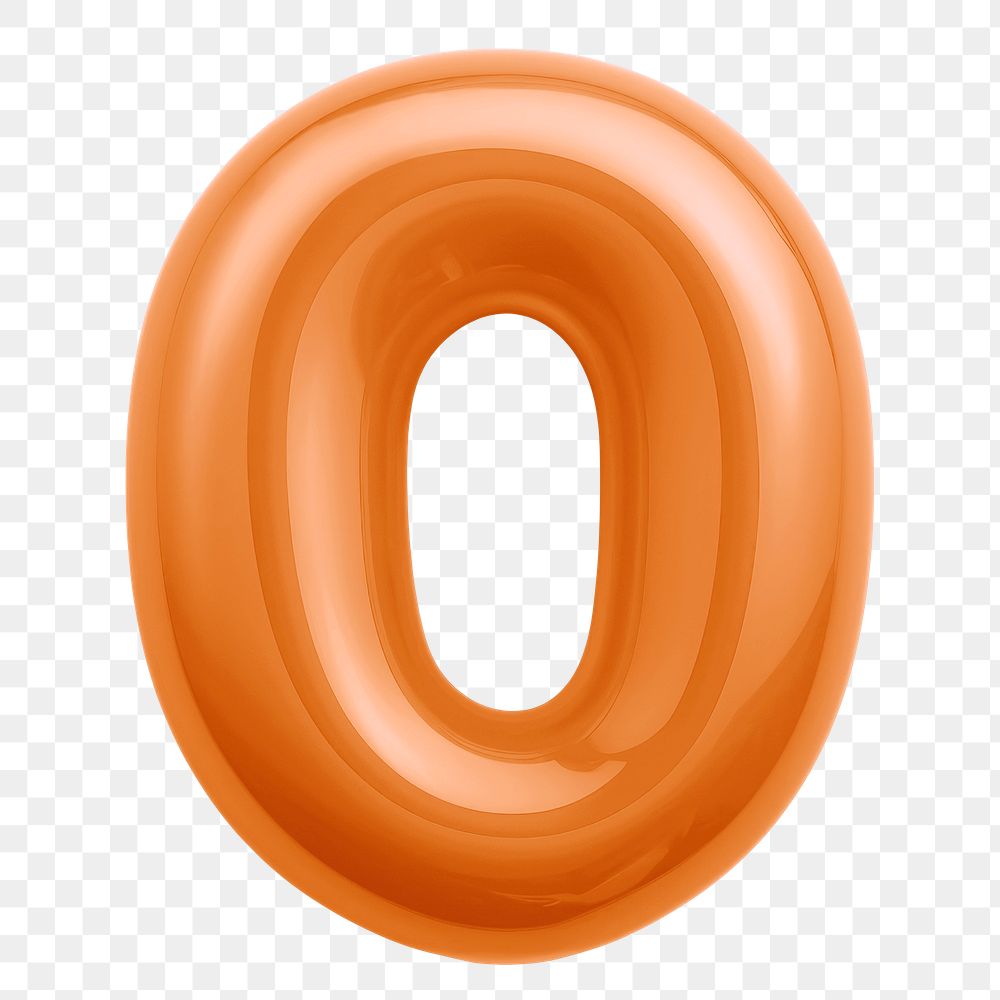 Number zero png orange  3D balloon, transparent background