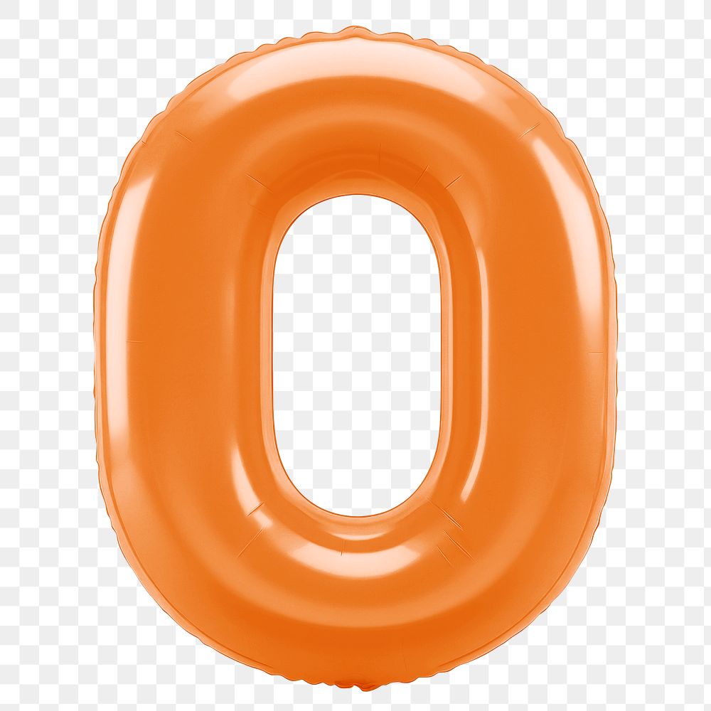 Number zero png orange  3D balloon, transparent background