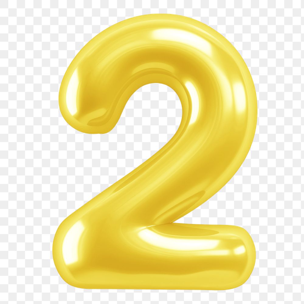 Number two  png yellow  3D balloon, transparent background