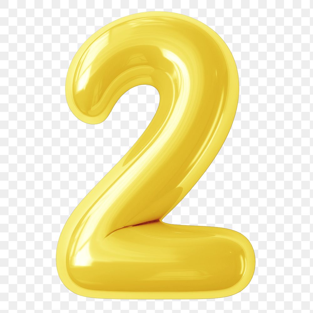 Number two  png yellow  3D balloon, transparent background