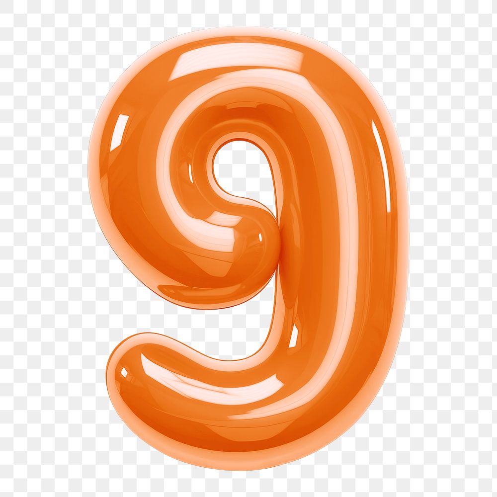 Number 9 png orange  3D balloon, transparent background