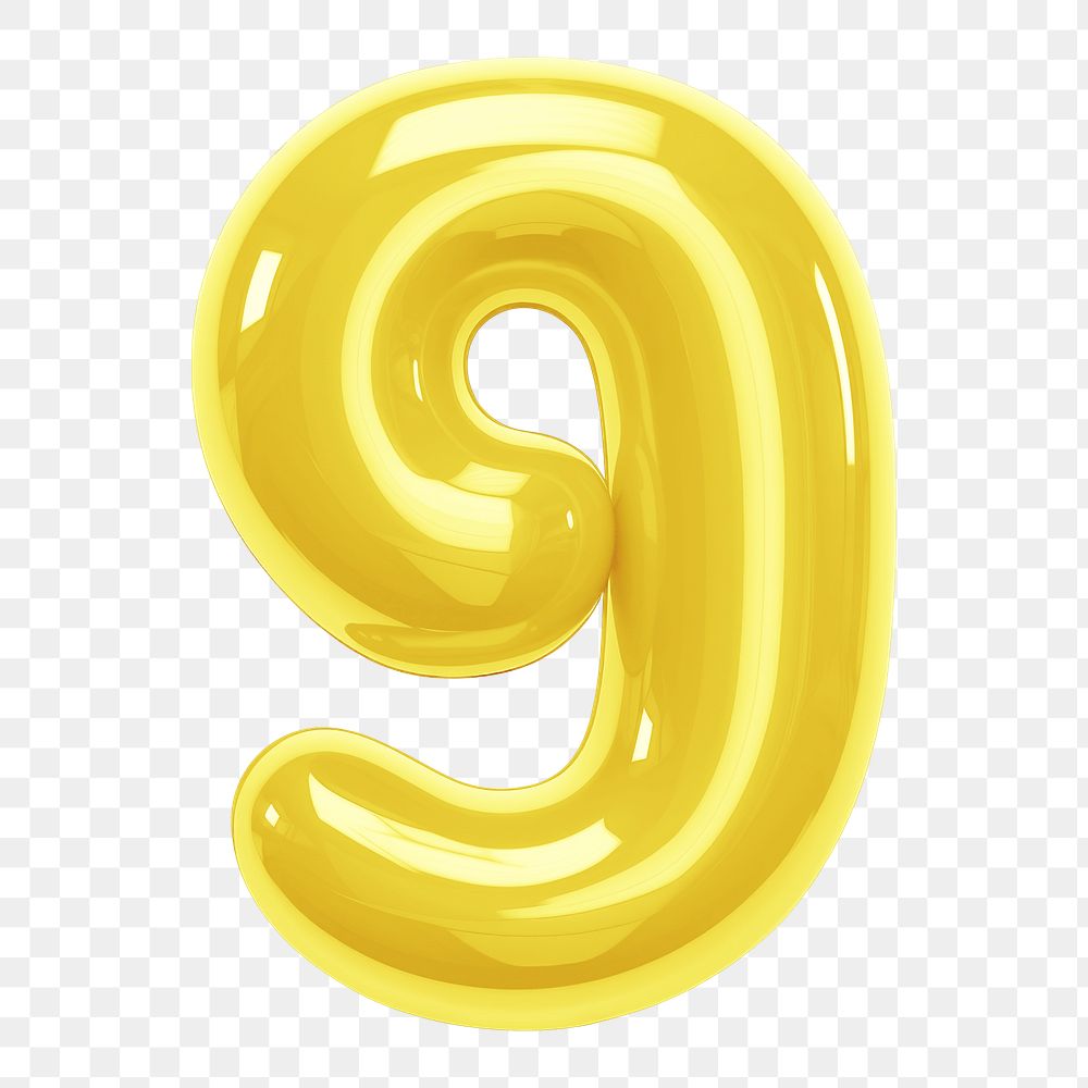 Number nine  png yellow  3D balloon, transparent background