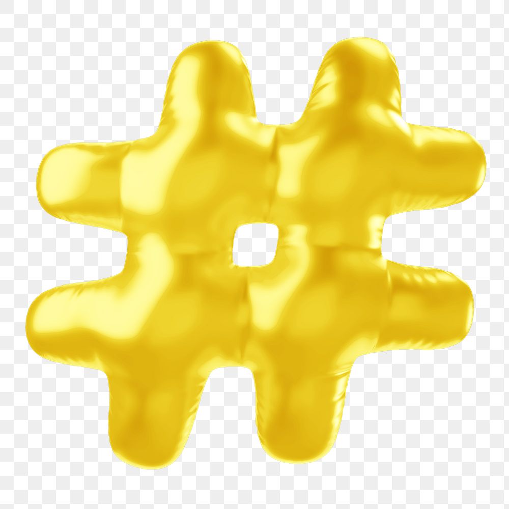 Hashtag png 3D yellow balloon symbol, transparent background