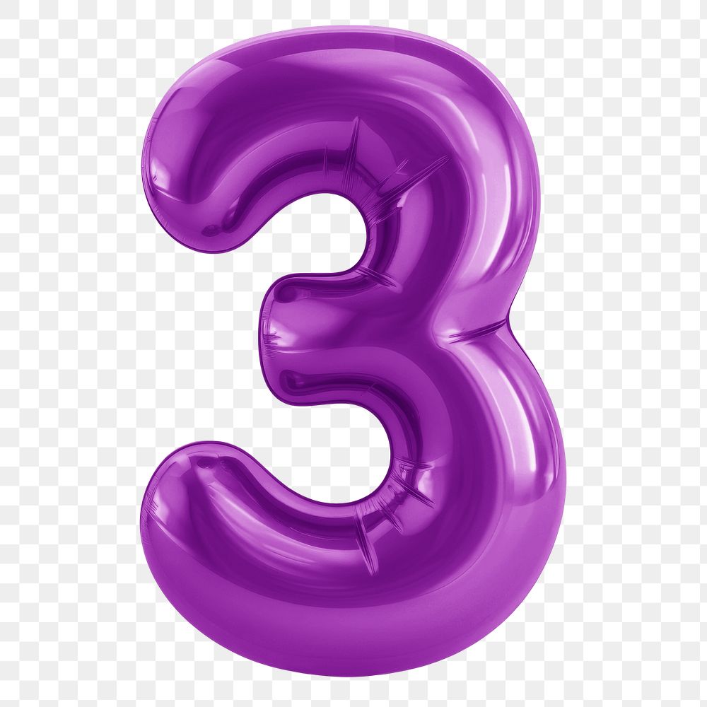 Number 3 png purple  3D balloon, transparent background