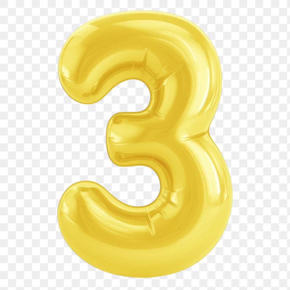 Number three  png yellow  3D balloon, transparent background