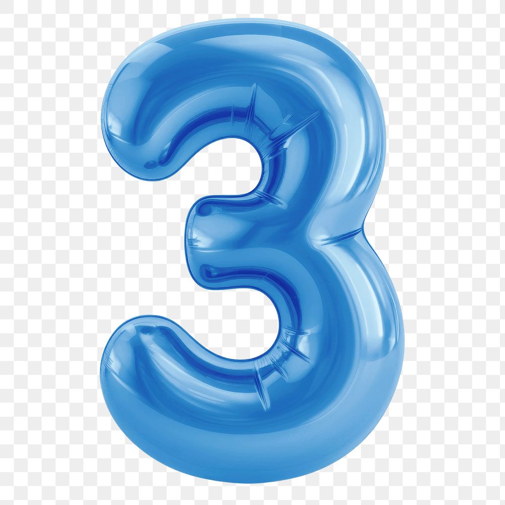 Number three png blue  3D balloon, transparent background