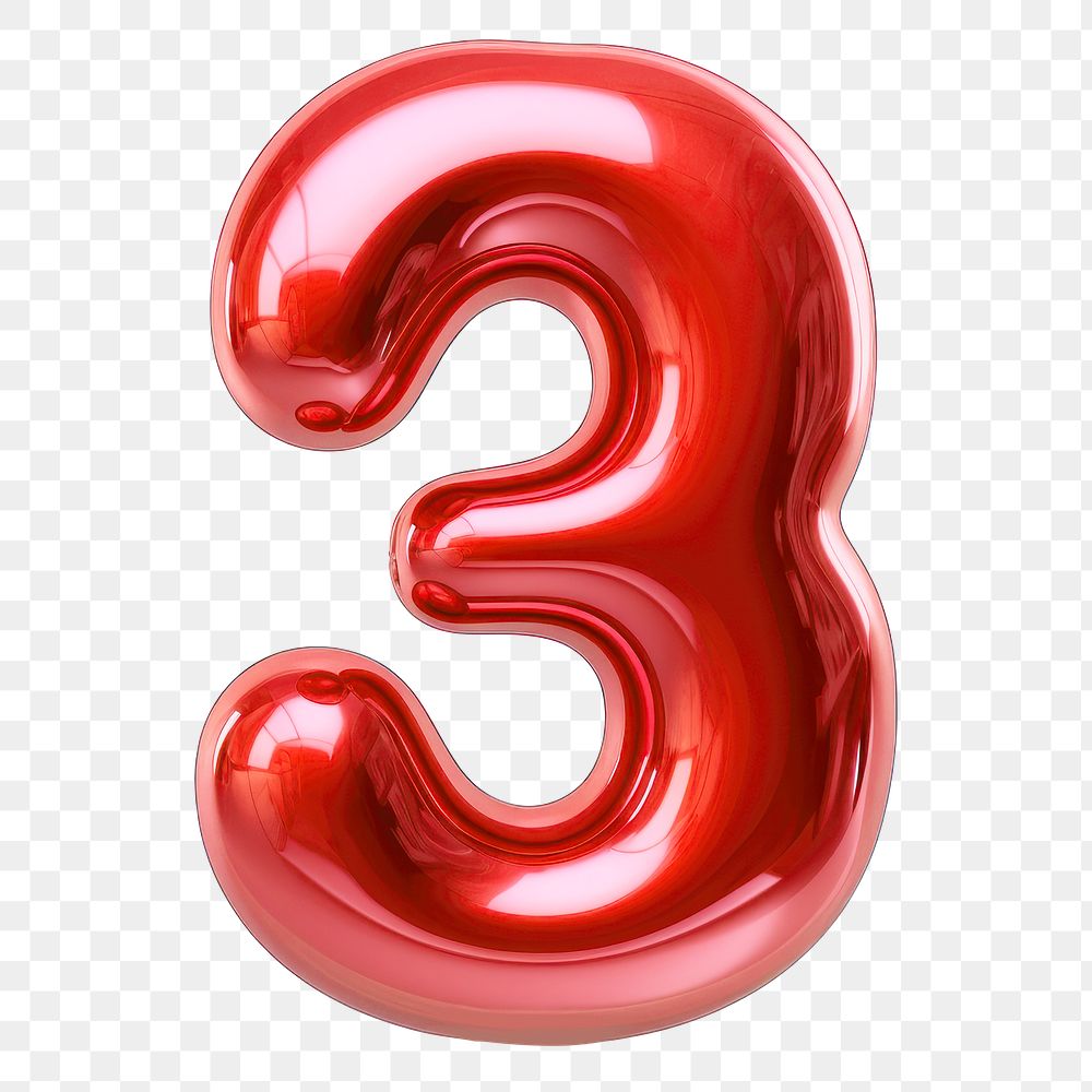 Number three png red  3D balloon, transparent background