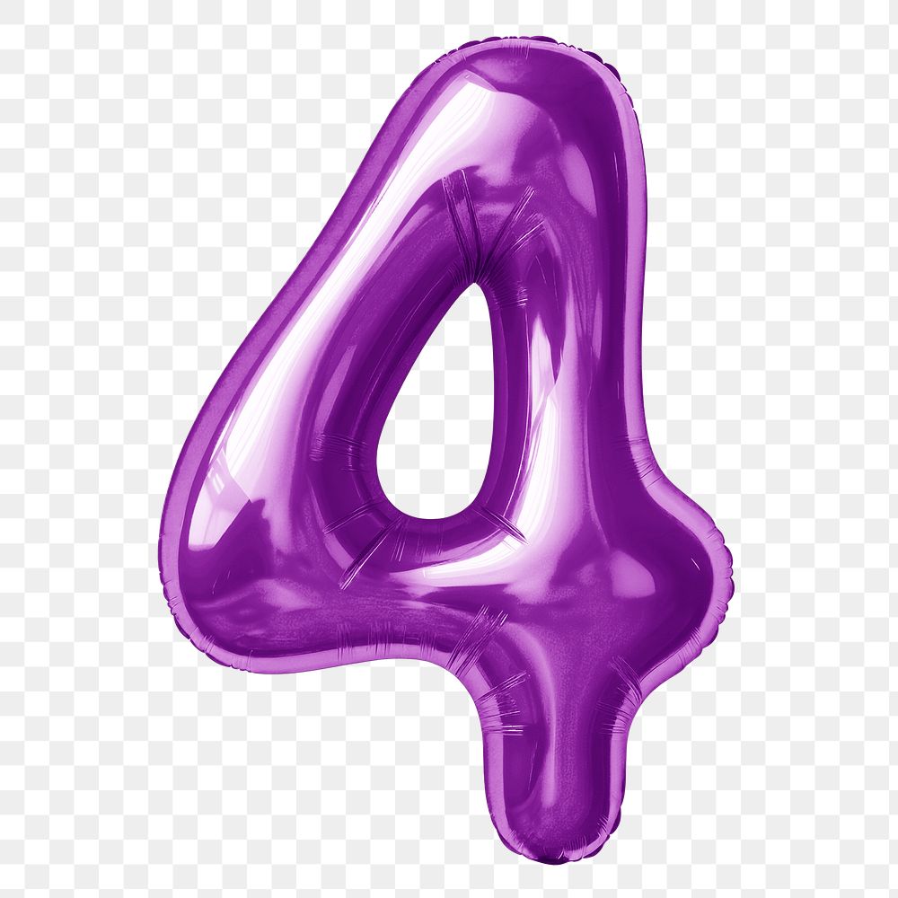 Number 4 png purple  3D balloon, transparent background