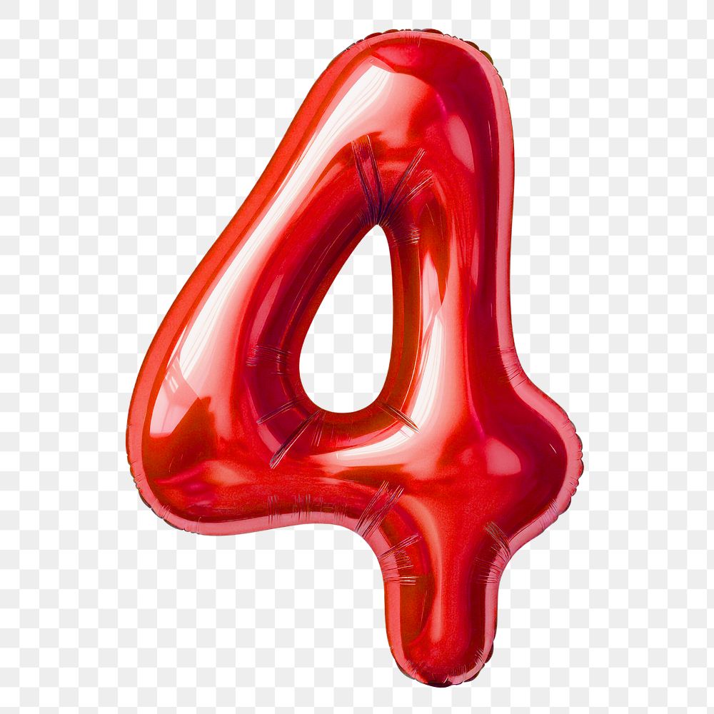 Number four png red  3D balloon, transparent background