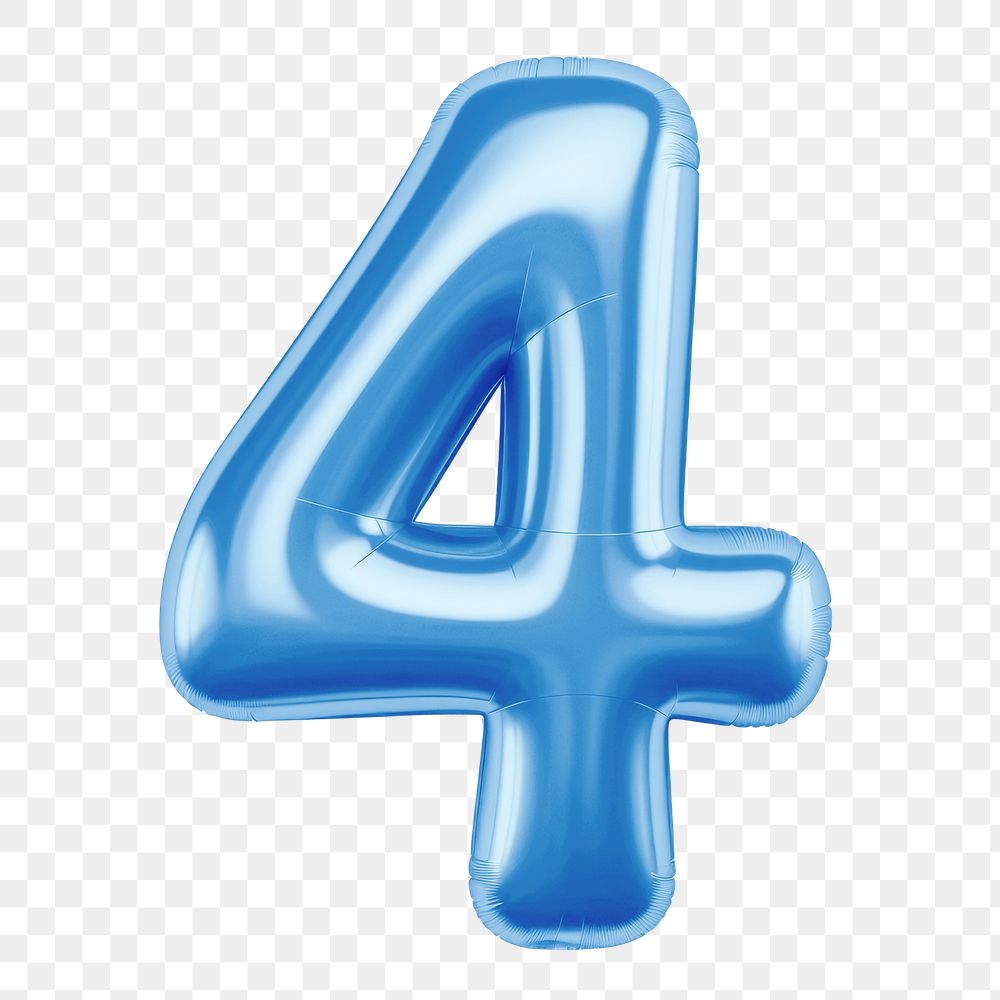 Number four png blue  3D balloon, transparent background