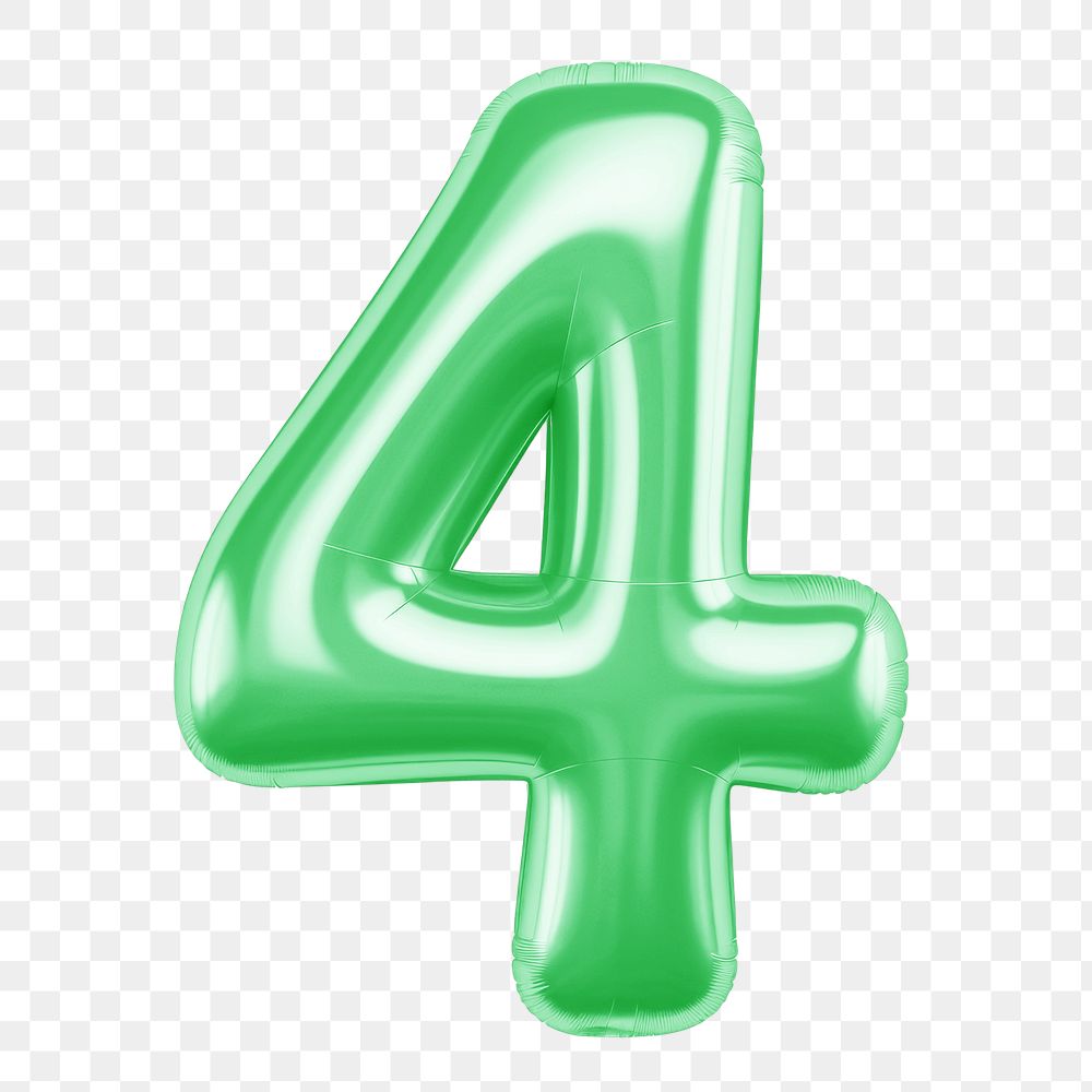 Number 4 png green  3D balloon, transparent background