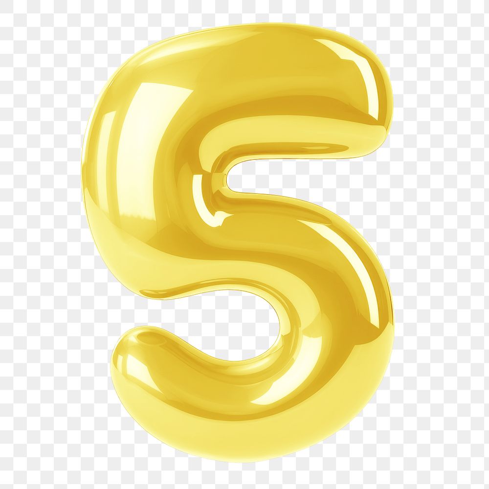 Number five  png yellow  3D balloon, transparent background