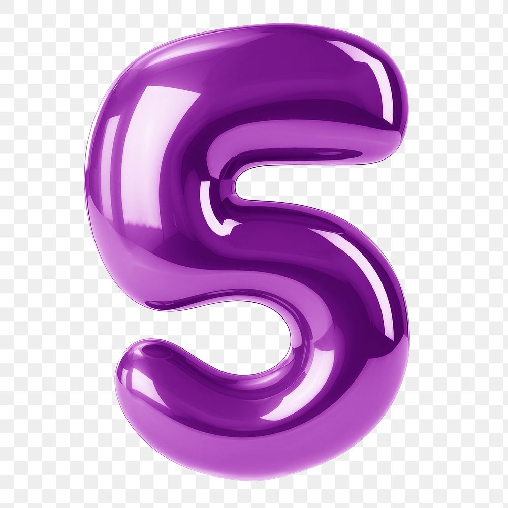 Number five png purple  3D balloon, transparent background